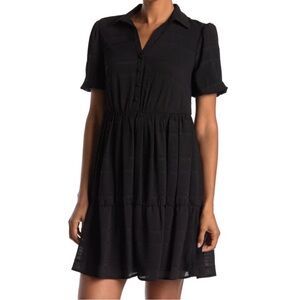 Kensie Black Puff Sleeve Buttons Collar Mini Dress